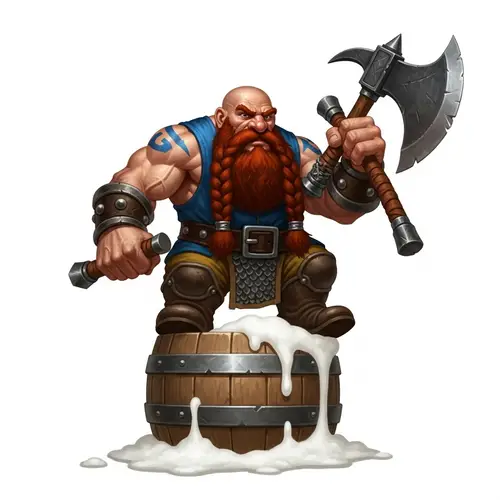 Muscular Dwarf with Iron Axe on Foaming Beer Barrel