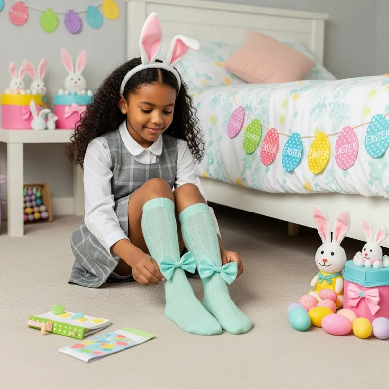 African Schoolgirl in Easter Outfit Adjusting Bow Socks