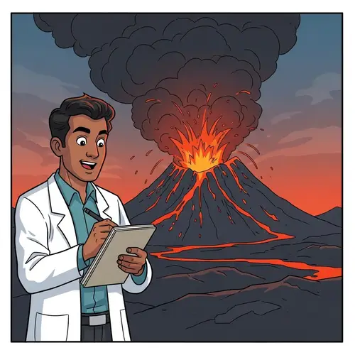 South Asian Male Scientist Studying Erupting Volcano - Science Comic Panel