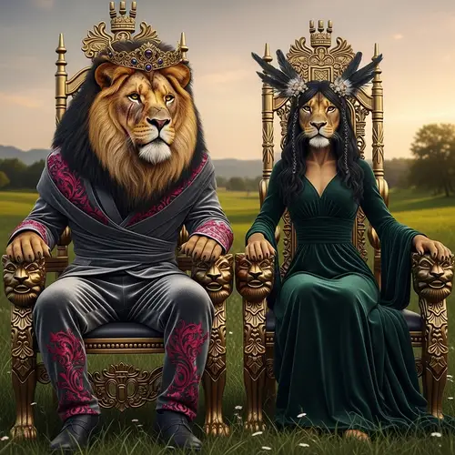 Fantasy Nature Digital Painting: Alpha Lion & Lioness on Majestic Thrones