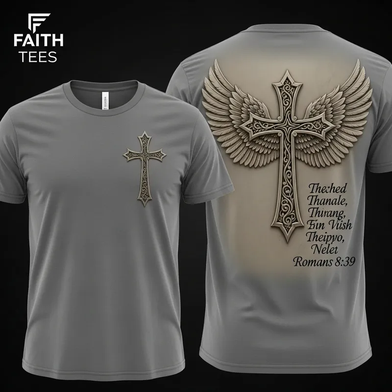 Faith Tees Logo Cross Wings T-Shirt with Romans 8:39 Verse
