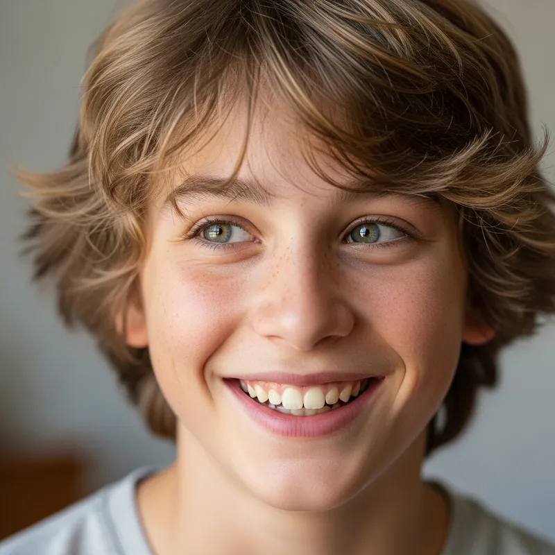 Cheerful 14-Year-Old Boy with Fluffy Dirty Blonde Hair and Freckles Cheerful 14-Year-Old Boy with Fluffy Dirty Blonde Hair and Freckles