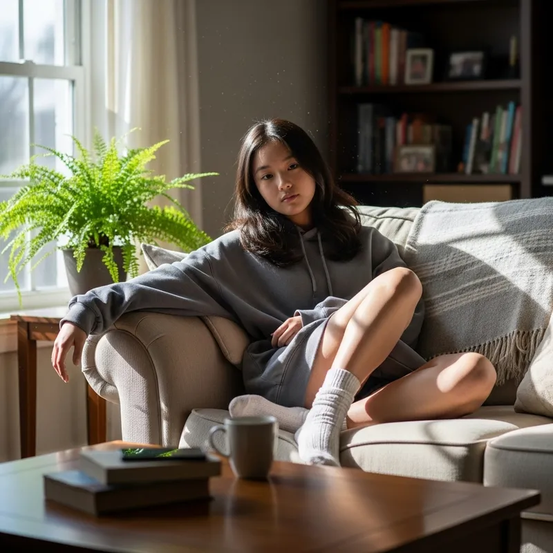 Asian Teen Girl Relaxing at Home in White Socks