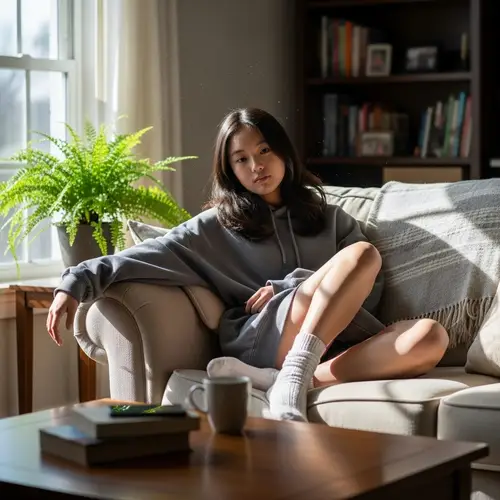 Asian Teen Girl Relaxing at Home in White Socks