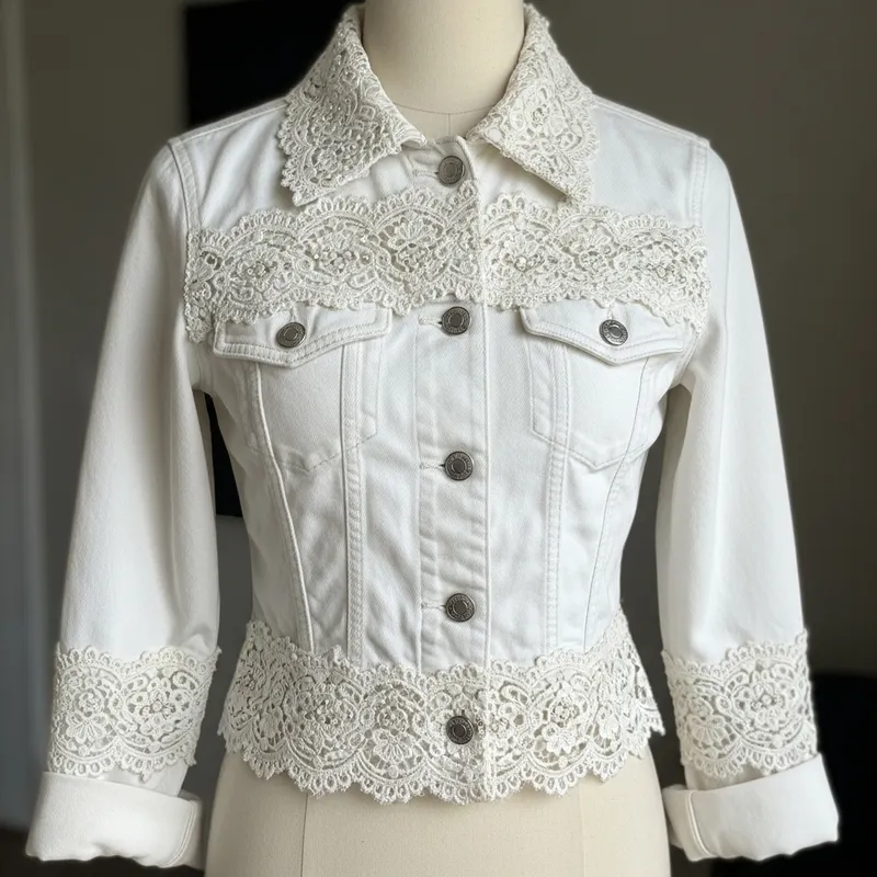White Lace Beaded Denim Jacket - Soft & Fitted Design