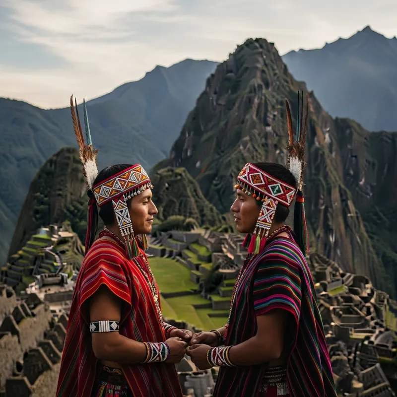Romantic Incan Men in Machu Picchu at Sunset Romantic Incan Men in Machu Picchu at Sunset
