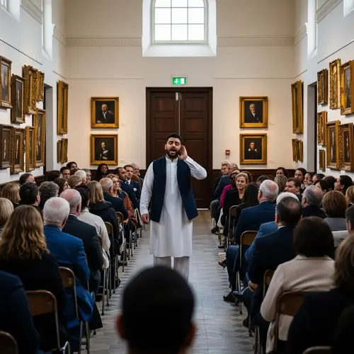 Diverse Audience Mesmerized by Middle-Eastern Man Singing in Ornate Room