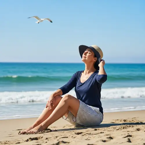 Hispanic Woman Enjoying Sunny Day on Beach | Beach Wear & Floppy Hat