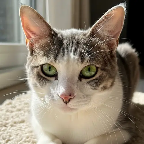 Comfortable Grey and White Cat with Bright Green Eyes
