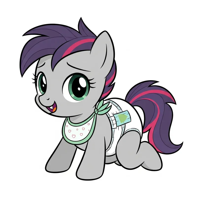 Charming Baby Pony in Diaper with Milk Tooth Crawling and Wearing Bib Cartoon