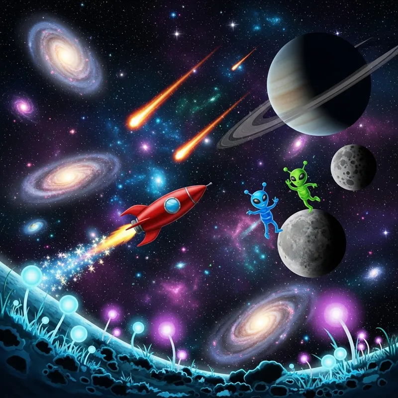 Celestial Playground: Rocket Ship, Aliens, and Cosmic Wonders