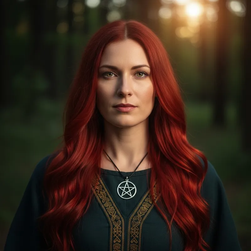 Red-Headed Pagan Woman with Long Hair in Enchanting Forest Red-Headed Pagan Woman with Long Hair in Enchanting Forest