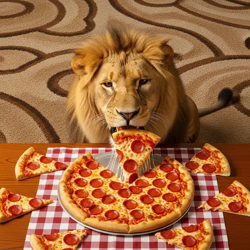 Majestic Lion Enjoying Pepperoni Pizza on Tablecloth