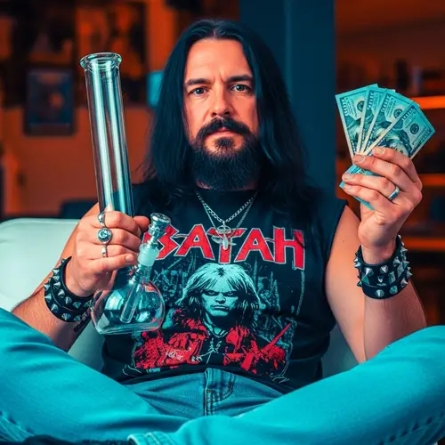 Rock Musician Celebrates with Glass Bong and Money