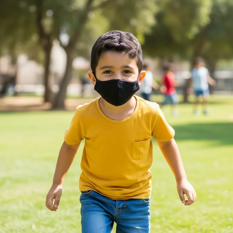 Black Masked Boy Outdoors: Mischievous Joy in a Sunny Scene