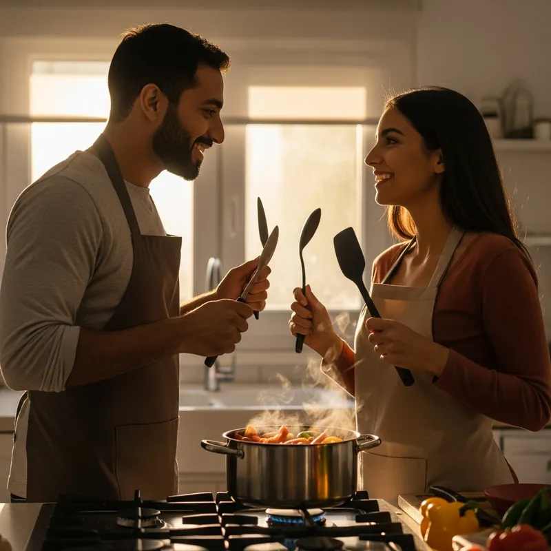 Romantic Cooking Scene: Couple Cooking Together in Evening Glow