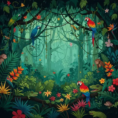 Lush Rainforest Scene with Tropical Flora and Wildlife