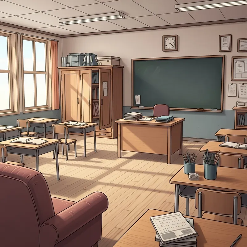 Classroom Drawing with Armchair, Blackboard, and Cabinet