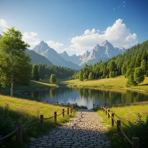 Exquisite Landscape Scene with Forest, Lake, and Mountains