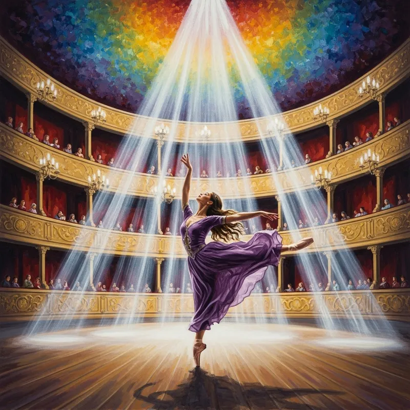 Vibrant Ballet Dancer Gracefully Leaping in Grand Theater