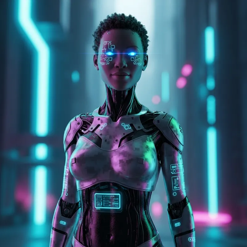 Neon African Female Robot in Futuristic Scenario