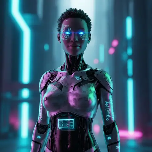 Futuristic African Female Robot in Neon-Lit Scenario