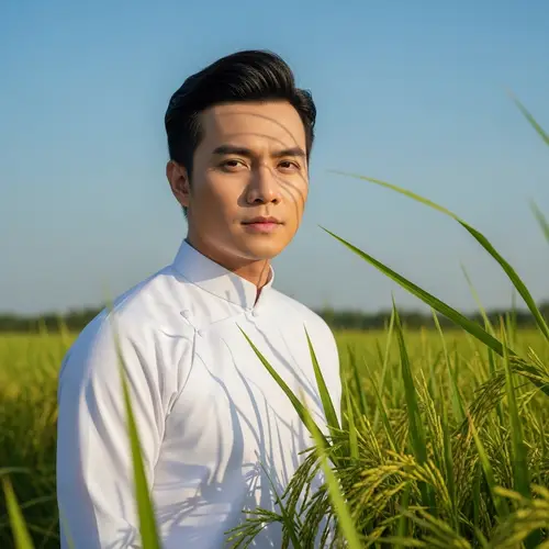 Handsome Vietnamese Man in Traditional Ao Dai by Rice Paddy