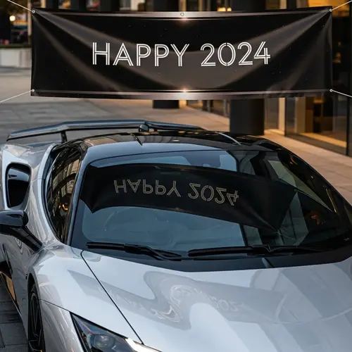 Luxury Sports Car beneath 'Happy 2024' Greeting Banner