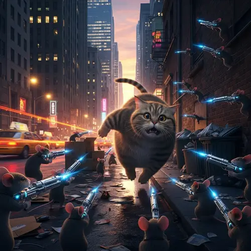 Urban Cat Chase: Dramatic Scene with Modern Gun-Wielding Mice
