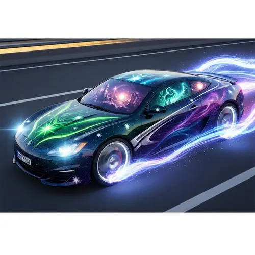 Enchanting Magical Car with Cosmic Designs | Radiant Suns & Dazzling Lights