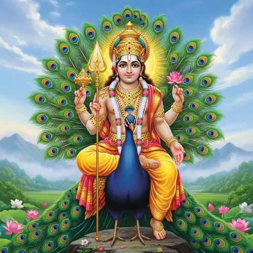 Lord Subramanya on Peacock with Divine Spear: Vibrant & Serene Deity