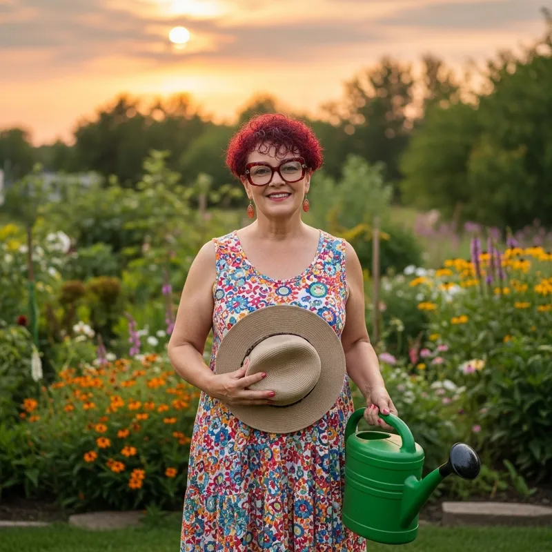 Betty: Colorful Gardener in Lush Backyard Garden