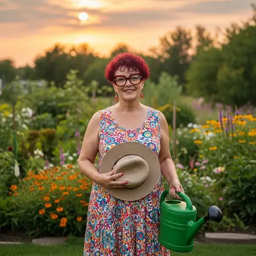 Betty: Colorful Gardener with Red Hair and Flowers in Backyard