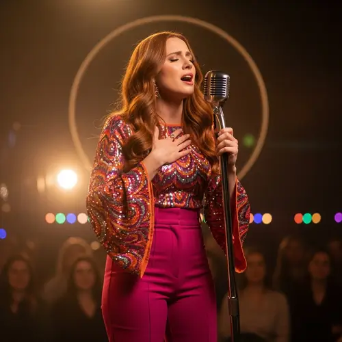 Passionate Singer with Long Red Hair in Vibrant Retro Outfit