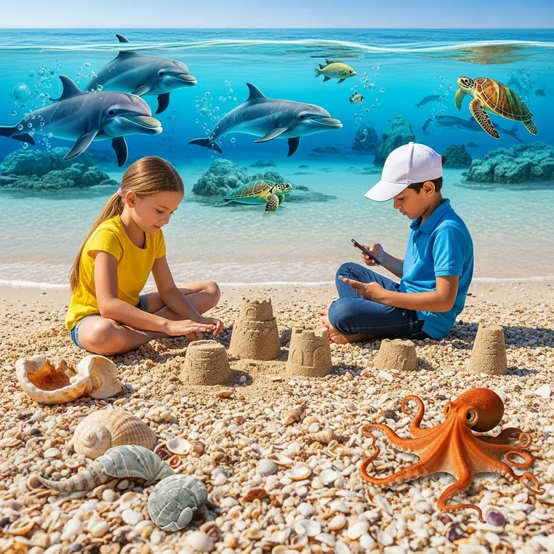 Scenic Beach: Shells, Girl Building Sandcastle, Boy with Phone