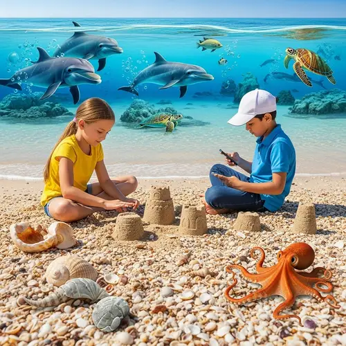 Scenic Beach: Shells, Girl Making Sandcastle, Boy on Phone