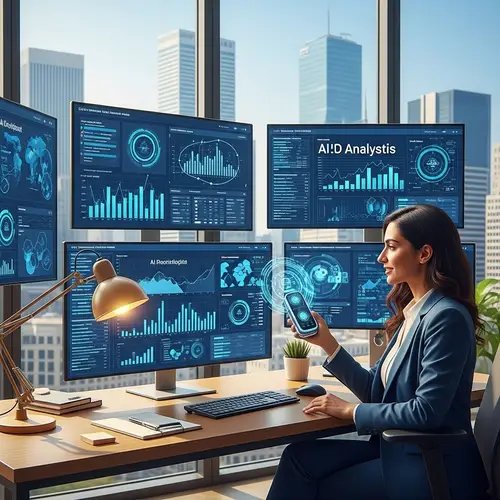 Modern Middle-Eastern Female Recruiter Using AI Technology in Professional Office Setting