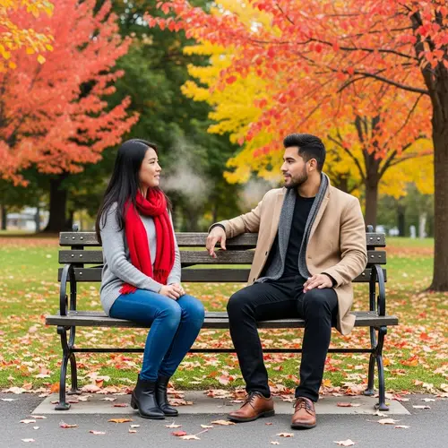 Autumn Park Bench Conversation - Young Asian Woman and Hispanic Man