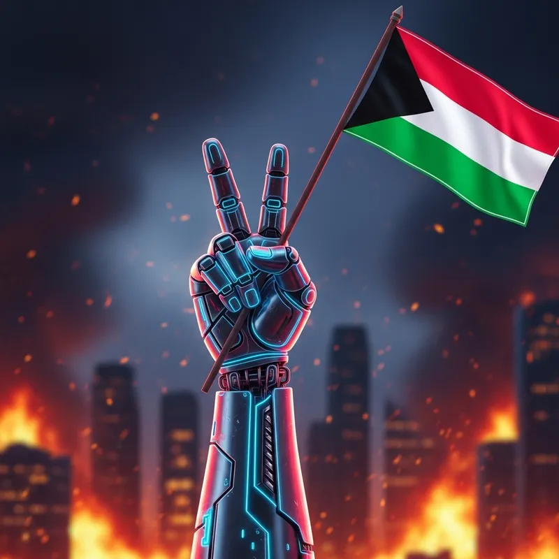 Futuristic Half-Robot Half-Human Fist Peace Sign Palestinian Flag Protest