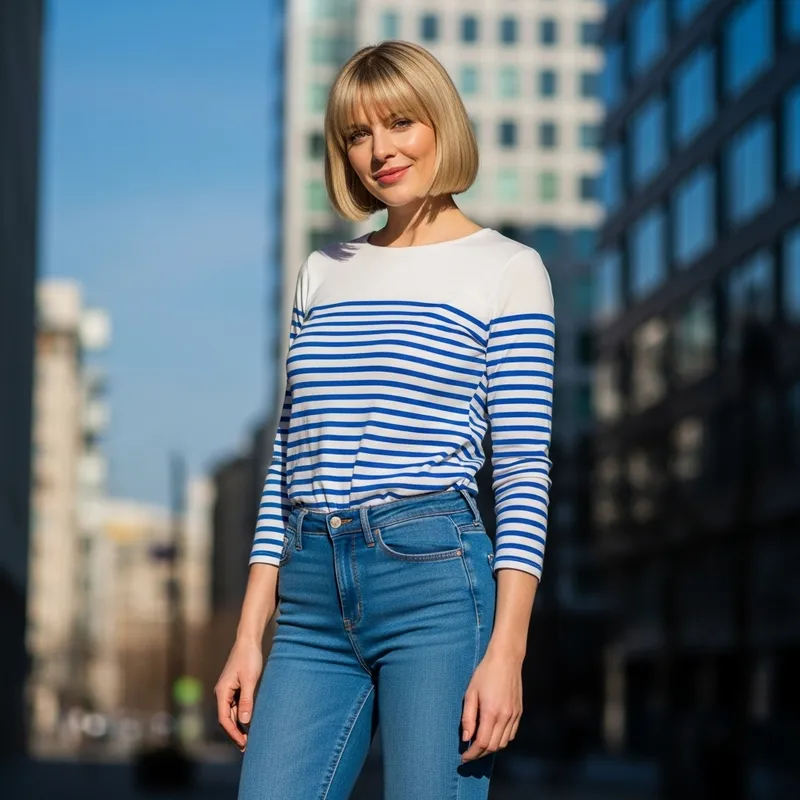 Tall Blonde Woman with Short Hair in Striped Shirt and Jeans