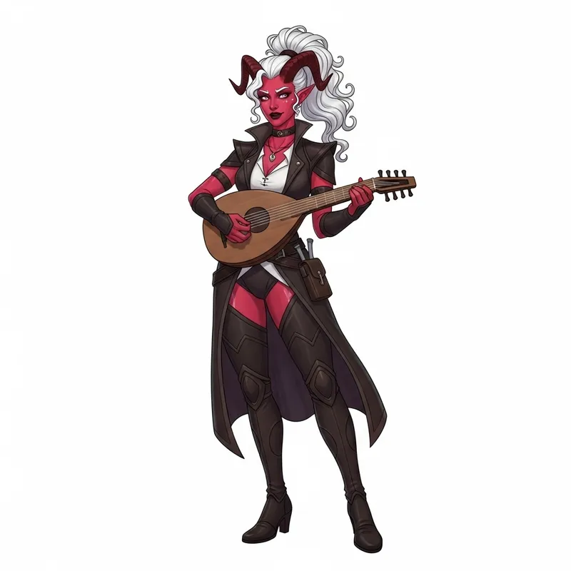 Sly Tiefling Rogue playing a Lute in Fantasy Art