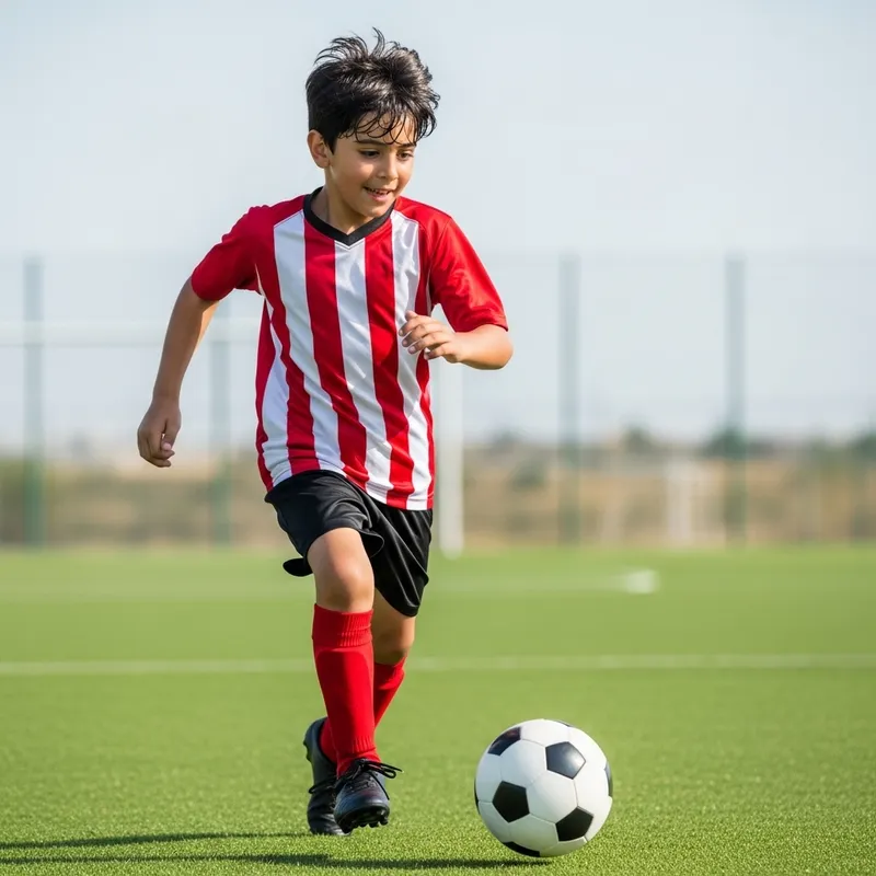 Young Middle-Eastern Boy Playing Soccer on Bright Green Field