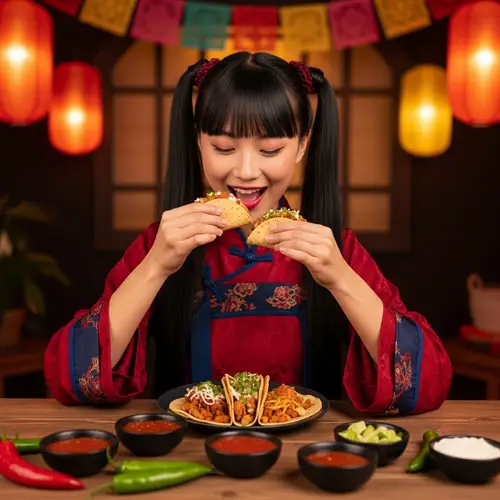 East Asian and Mexican Fusion: Young Woman Enjoying Tacos