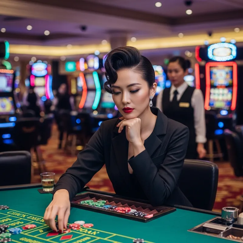 Stylish Asian Woman in Busy Casino Scene