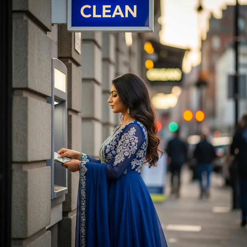 Beautiful South Asian Woman With Long Dark Hair - Withdrawing Money at CLEAN ATM