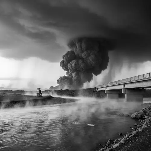 Dark Sky Landscape with Boiling River and Concrete Bridge