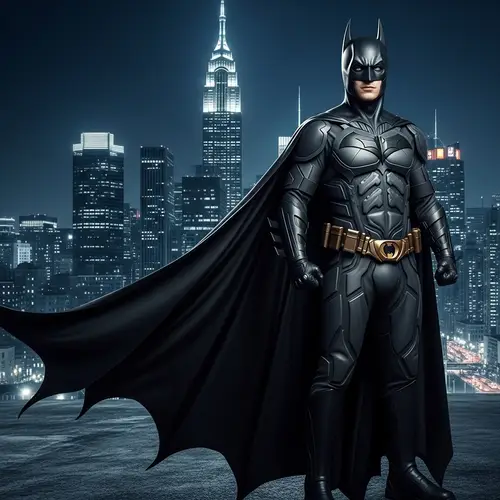 Pop Music Singer in Batman Suit Stands Heroically in Cityscape