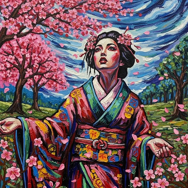 Vibrant Kimono Woman in Cherry Blossoms: Encaustic Art