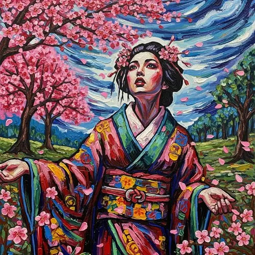 Vibrant Kimono Woman in Cherry Blossoms: Encaustic Art
