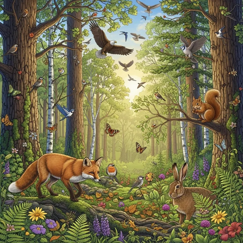 Enchanting Forest Scene with Animals, Birds, and Flora Enchanting Forest Scene with Animals, Birds, and Flora